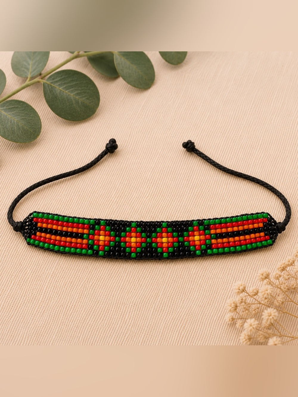 Handcrafted Beaded Bracelet - Black, Green, and Orange